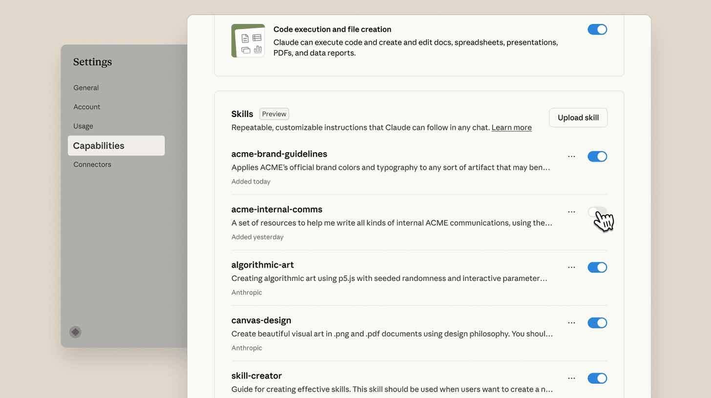 Your workflows are taught to Claude via Anthropic's skills